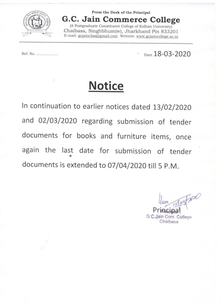 Public Notice: Extended date for submission of tender documents for books and furniture - GC Jain Commerce College